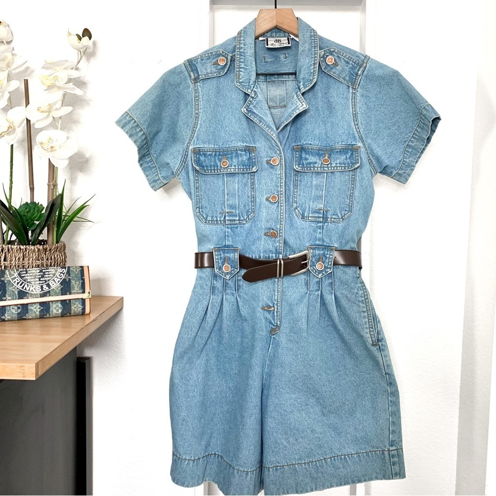 Bill Blass Vintage 90’Blue Denim Stretch Waist Pleated Romper Jumper Sz Medium
